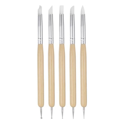 HARFINGTON 5 Pcs Silicone Clay Sculpting Tool Double-Ended Rubber Tip Metal Ball Silicon Shaper Pens Modeling Stylus Dotting Tool for DIY Handicraft Sculpture Pottery Painting, Wood - color: Wood