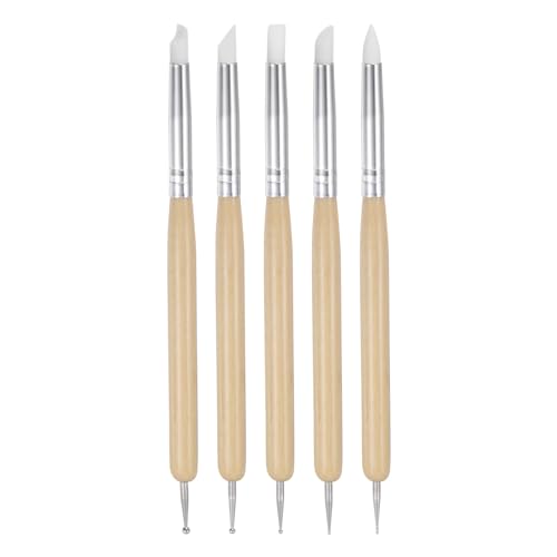 HARFINGTON 5 Pcs Silicone Clay Sculpting Tool Double-Ended Rubber Tip Metal Ball Silicon Shaper Pens Modeling Stylus Dotting Tool for DIY Handicraft Sculpture Pottery Painting, Wood - color: Wood