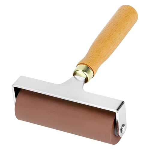 QWORK 4-Inch Soft Rubber Brayer Roller, Brown Solid Ink Roller for Anti-Skid Tape Application, Printmaking, Stamping and Crafting, Heavy Duty Manual Rolling Tool for Even Pressure