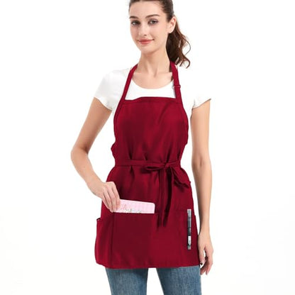 Aprons for Women with 3 Pockets, Cooking Apron with Waterproof Coating, Chef Apron Adjustable Neck Strap - color: Red, 2 Pack