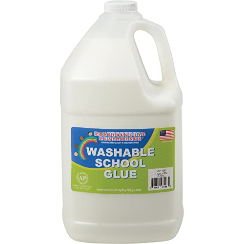 Constructive Playthings Kids 9-Color Tempera Paint Gallons and Washable School Glue Gallon Set, Washable Paints and Glue for Classrooms