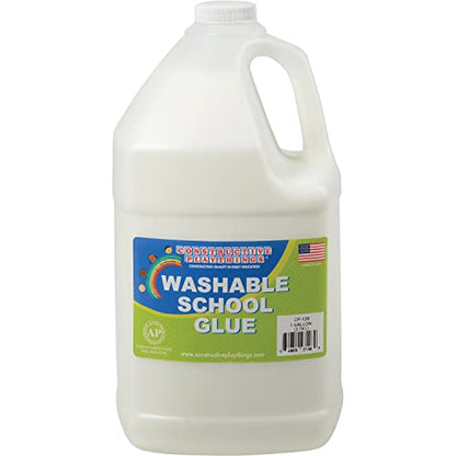 Constructive Playthings Kids 9-Color Tempera Paint Gallons and Washable School Glue Gallon Set, Washable Paints and Glue for Classrooms