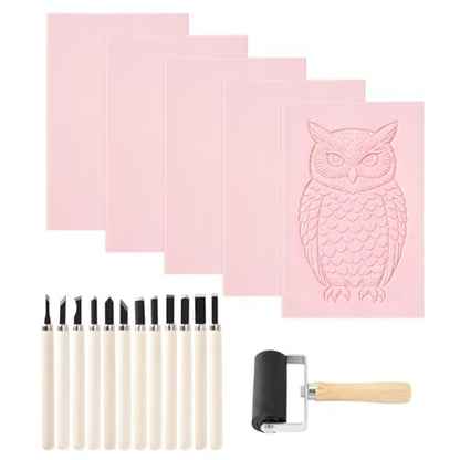 Jieting 18 PCS Linoleum Blocks for Printmaking, 4 x 6 Inch 1/4 Inch Thick Pink Rubber Carving Blocks for Stamp Carving with 12 Carving Pens and Ink Brayer Roller for DIY Linocut Art Projects