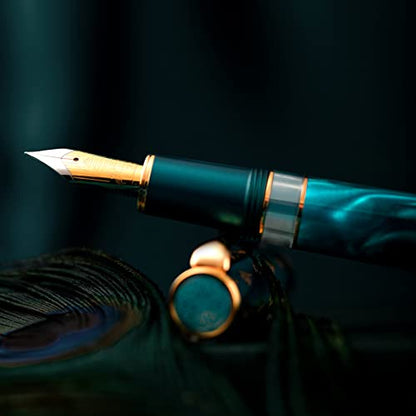 Hongdian N7 Blue Peacock Resin Piston Fountain Pen, Iridium Fine Nib Classic Pen, Smooth Writing Pen with Metal Box - color: Blue-N7, style: Fine Point