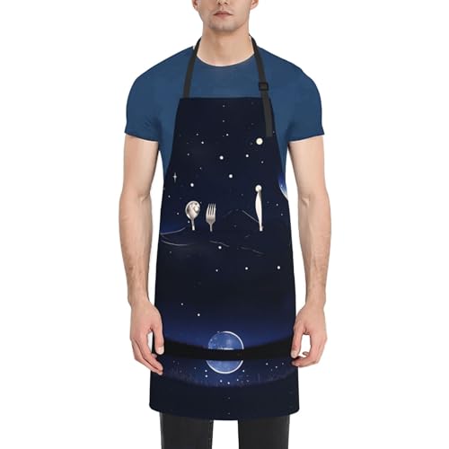 Round watercolor painting Heavy Duty Waterproof Apron with Pockets for AdultsResistant Grilling, Gardening, Painting - color: Serene Blue Night View