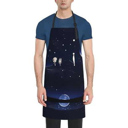 Round watercolor painting Heavy Duty Waterproof Apron with Pockets for AdultsResistant Grilling, Gardening, Painting - color: Serene Blue Night View