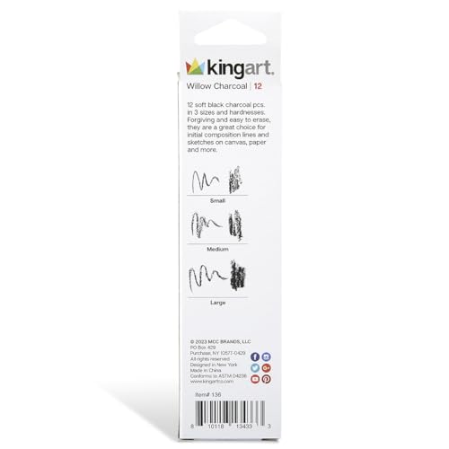 KINGART 12-Piece Willow Charcoal Sticks, Soft, Black Artist Vine Charcoal for Artists, Beginners, Students, Great for Sketching, Rendering, Drawing, Shading and Fine Art
