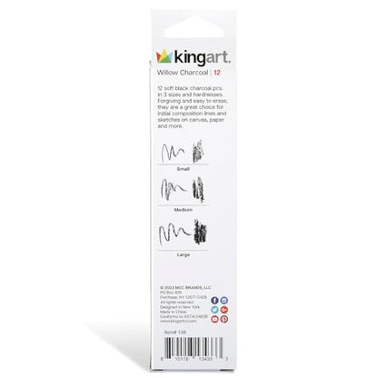 KINGART 12-Piece Willow Charcoal Sticks, Soft, Black Artist Vine Charcoal for Artists, Beginners, Students, Great for Sketching, Rendering, Drawing, Shading and Fine Art