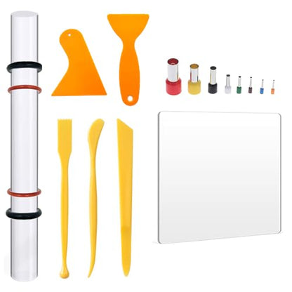 15PCS Polymer Clay Tool Set Acrylic Clay Roller with Thickness Ring,Sheet Backing Board,Clay Scraper,Round Shape Clay Cutter for DIY Craft Pottery Polymer Clay Shaping Tool