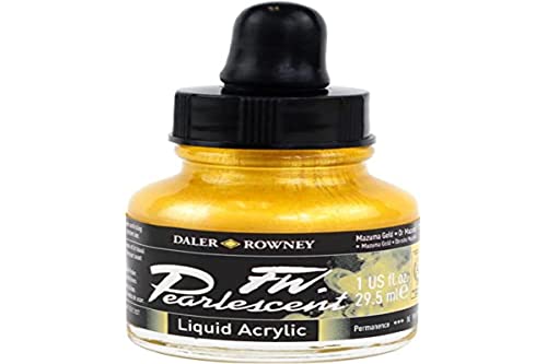 Daler-Rowney FW Pearlescent Acrylic Ink Bottle Mazuma Gold - Acrylic Drawing Ink for Artists and Students - Permanent Calligraphy Ink - Archival Ink for Illustrating and More