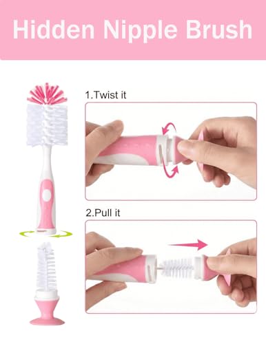 5 in 1 Bottle Cleaner Brush Set with Nylon and Silicone Bottle Brush, Straw Brush, Bottle Brush with Nipple Cleaner and Suction Cup, Cup Lid Cleaner Brushes Kit, BPA-Free (Pink) - color: Pink-nylon & Silicone Brush