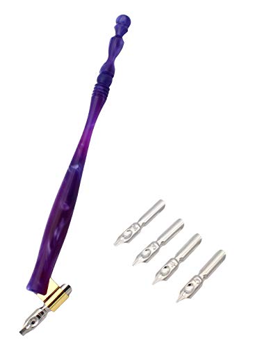 XIAOYU Calligraphy Oblique Nib Pen Holder, English Calligraphy Pen Nib Holder, Resin Dip Pen Handle Nib Holder with 5 Flat Nibs, Blue and Pruple - color: Blue & Pruple
