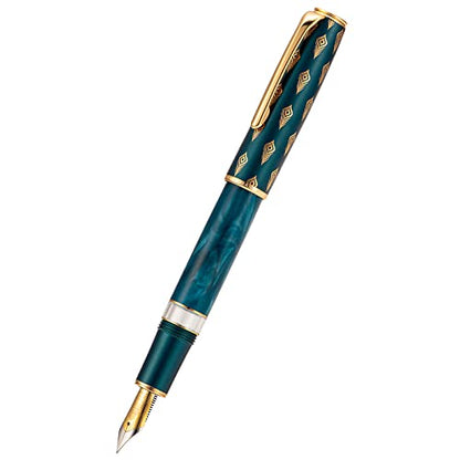 Hongdian N7 Blue Peacock Resin Piston Fountain Pen, Iridium Extra Fine Nib Classic Pen, Smooth Writing Pen with Metal Box - color: Blue-N7, style: Extra Fine Point