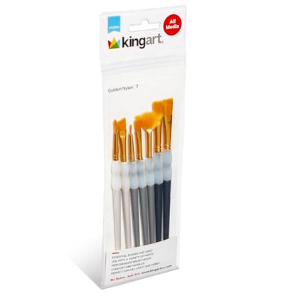 KINGART 7-Piece Studio Golden Nylon Artist Brush Collection with Zippered Carrying Case – Versatile Synthetic Paint Brushes for Acrylic, Watercolor, Oil, Tempera, Gouache, and Face Painting DIY