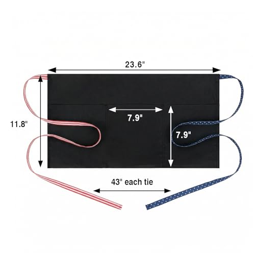 BOHARERS 3-Pocket Waist Apron With American Flag Print Straps - Black Waitress Waiter Server Short Aprons - color: A2-1 Pack American Flag Print Straps