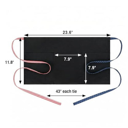 BOHARERS 3-Pocket Waist Apron With American Flag Print Straps - Black Waitress Waiter Server Short Aprons - color: A2-1 Pack American Flag Print Straps
