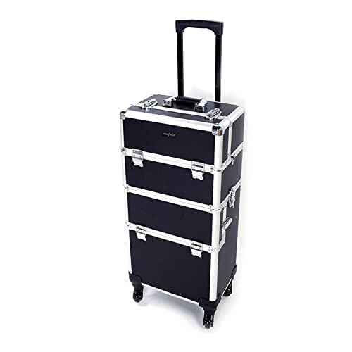mefeir 3 in 1 Rolling Makeup Train Case, Aluminum Makeup Travel Organizer Cosmetic Case, Cosmetology Display Suitcase on Wheels, Beauty Storage Luggage Lockable w/4 Removable Wheels, Black - color: Black