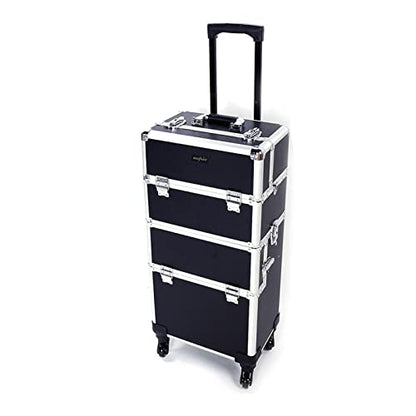 mefeir 3 in 1 Rolling Makeup Train Case, Aluminum Makeup Travel Organizer Cosmetic Case, Cosmetology Display Suitcase on Wheels, Beauty Storage Luggage Lockable w/4 Removable Wheels, Black - color: Black