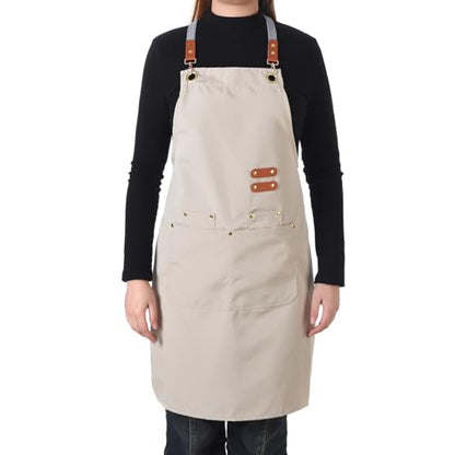 Aoomzoon Durable Kitchen Apron,Multifunctional Chef Aprons for Women & Men with Pockets for Cooking Baking & Daily Use - color: Beige