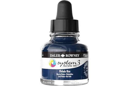 Daler-Rowney System3 Acrylic Ink Bottle Phthalo Blue 29.5ml - Versatile Acrylic Ink for Artists and Students - Opaque Calligraphy Ink for Drawing Illustrating Airbrushing Dip Pen Ink and More
