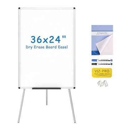 VIZ-PRO Whiteboard Easel, 36 x 24 Inches, Portable Dry Erase Board Height Adjustable With Flipchart Pad - size: 36 x 24 Inches - With Flipchart Pad