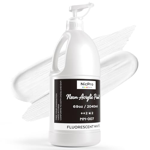 Nicpro Fluorescent White Large Acrylic Paint Set (69 oz, 2040 ml), Glow in the Black Light, Non-Toxic Neon Paint for Neon Party Decoration, DIY Project on Multi-Surface, Canvas, Rock, Wood, Craft - color: Fluorescent White, size: 69 Fl Oz (Pack of 1)
