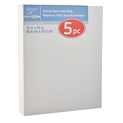 Artist's Loft 5 Count 16” x 20” Super Value Canvas - Acid Free Cotton Canvas for Paint, Acrylic, & Oils - 1 Pack - size: 16 x 20 inches
