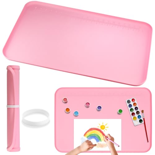 Silicone Painting Mat with Raised Sides, 24" x 16" Playdoh Art Mat | Food-Grade Silicone Art Mat for Crafts, Protects Table From Spills, Stains, Paint Mats for Clay, Jewelry-Making - color: Pink