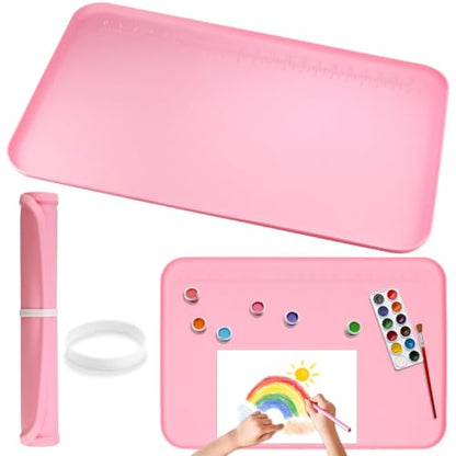 Silicone Painting Mat with Raised Sides, 24" x 16" Playdoh Art Mat | Food-Grade Silicone Art Mat for Crafts, Protects Table From Spills, Stains, Paint Mats for Clay, Jewelry-Making - color: Pink