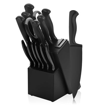 Black Knives Set, 15-Piece Stainless Steel Kitchen Knife Block Sets with Built-In Sharpener, Professional Knife Set with Scissors, Steak Knives - color: Black