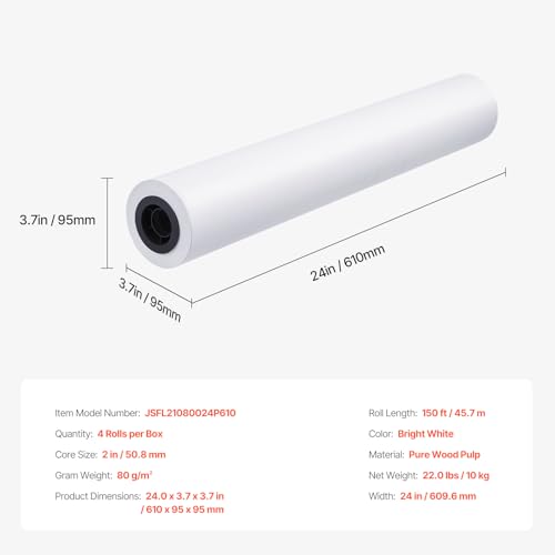 VEVOR Wide Format Paper, 24 in x 150 ft Plotter Paper, 4 Rolls CAD Bond Rolls with 2 in Core, 20 LB Bond Paper Rolls, Idea for CAD Drawings, Engineering Plans, GIS Maps & Architectural Designs - size: 24 in x 150 ft, style: 4 Rolls