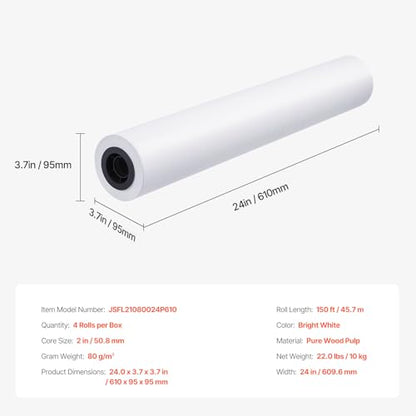 VEVOR Wide Format Paper, 24 in x 150 ft Plotter Paper, 4 Rolls CAD Bond Rolls with 2 in Core, 20 LB Bond Paper Rolls, Idea for CAD Drawings, Engineering Plans, GIS Maps & Architectural Designs - size: 24 in x 150 ft, style: 4 Rolls