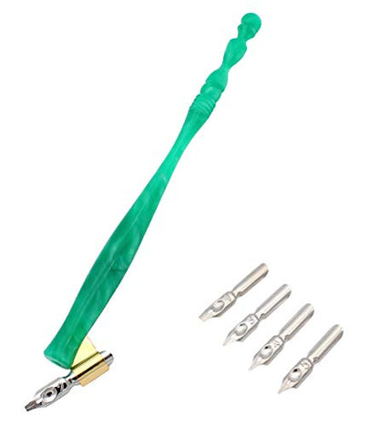 XIAOYU Calligraphy Oblique Nib Pen Holder, English Calligraphy Pen Nib Holder, Resin Dip Pen Handle Nib Holder with 5 Flat Nibs, Green - color: Green