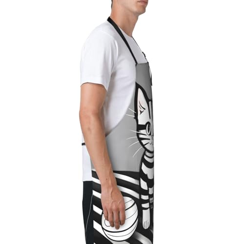 Round watercolor painting Heavy Duty Waterproof Apron with Pockets for AdultsResistant Grilling, Gardening, Painting - color: Play Ball Kitty