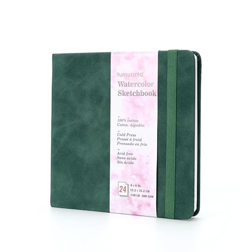 tumuarta Square 100% Cotton Watercolor - Sketchbook, 6x6 in, 140 LB, 300GSM, Cold Press, Acid Free, 24 Sheets,48 Pages, Watercolor Journal for Use As Travel Notebook and Mixed Media Pad On The Go - color: Deep Green, size: 6"x6"