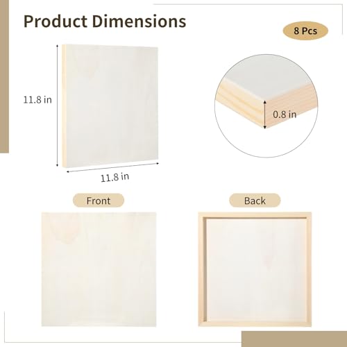 8 Pcs Wood Panels, 12×12 Inch Unfinished Wooden Boards for Painting, Wooden Canvas Panels for Pouring, Wood Cradle Boards for Art Crafts, DIY Projects