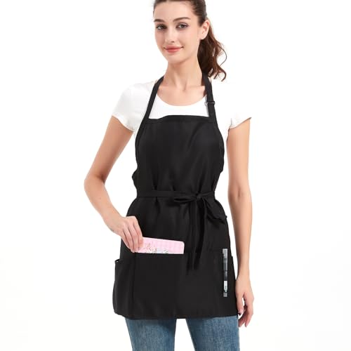Aprons for Women with 3 Pockets, Cooking Apron with Waterproof Coating, Chef Apron Adjustable Neck Strap - color: Black