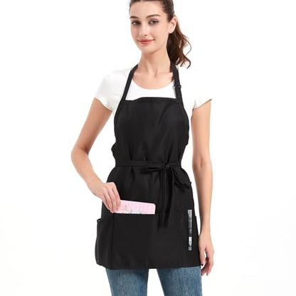 Aprons for Women with 3 Pockets, Cooking Apron with Waterproof Coating, Chef Apron Adjustable Neck Strap - color: Black