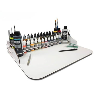 Vallejo - Work Station 50 x 37 cm with Paint Organizer Rack, Holds up to 45 Bottles of 18 ml (0.6 fl.oz.), 4 of 35 ml (1.18 fl.oz.) or 60 ml (2.02 fl.oz.), 2 of 200 ml. (6.76 fl.oz.) and 10 Brushes - style: Paint Display and Work Station 50 x 37 cm (19.67