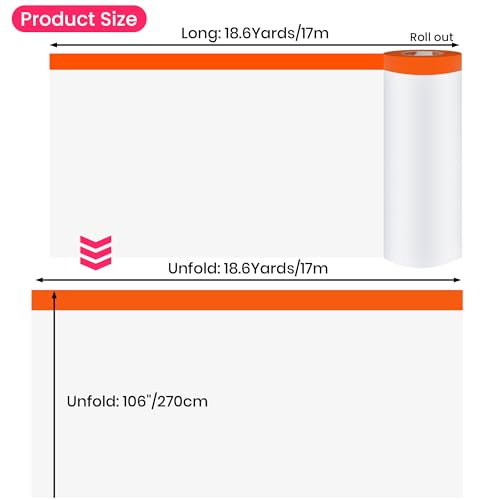 TAPEBEAR Pre-Taped Masking Film, 102" x 56Feet x 3Roll Plastic Sheeting Cover for Painting, Tape and Drape, Painters Masking Tape Film Plastic Drop Cloths for Auto, Appliance and Furniture - size: 2700mm x 17m x 3Rolls