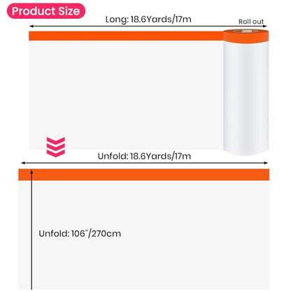 TAPEBEAR Pre-Taped Masking Film, 102" x 56Feet x 3Roll Plastic Sheeting Cover for Painting, Tape and Drape, Painters Masking Tape Film Plastic Drop Cloths for Auto, Appliance and Furniture - size: 2700mm x 17m x 3Rolls