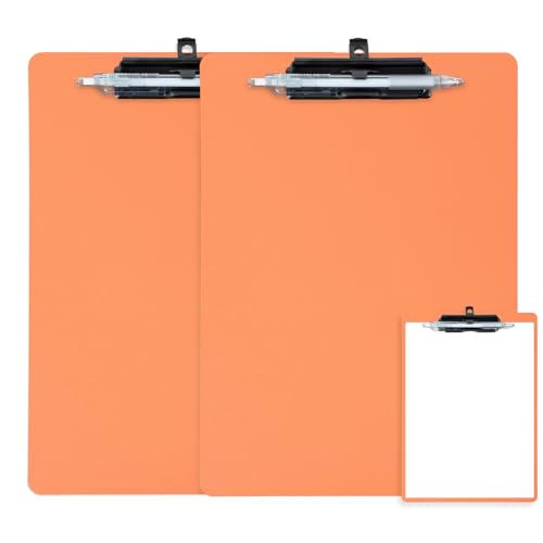 FRETONBA Orange Clipboard with Pen Holder, 2 Pack Plastic Clipboard with Low Profile Metal Clip, Hanging Clipboards Holds 8.5x11 Inch Papers, Standard A4 Letter Size Clip Board for Office & School - style: 2 Pack-Orange