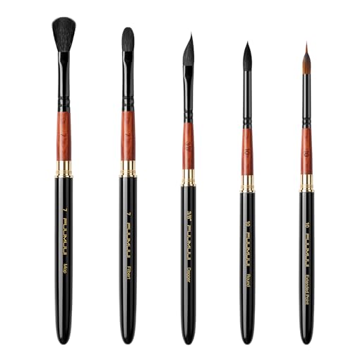 Fuumuui Travel Watercolor Brushes, 5Pcs Professional Plein Air Elegant Natural Squirrel Hair Travel Paint Brush Set with Sable Extended Needle Point Perfect for Watercolor Gouache Ink Painting - color: Black-5pcs
