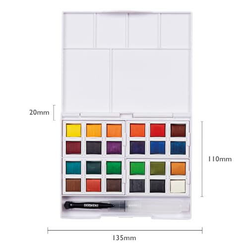 Derwent Watercolour Paint Pan 24 Set, Set of 24, Half Pan Size, Water-Soluble, Ideal for Painting, Professional Quality, Travel Size, 2306324