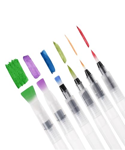 Mr. Pen- Watercolor Brush Pens, 6 pcs | 3 x Point Tips and 3 x Flat Tips Styles, Nylon Bristles, Refillable Watercolor Pens for Acrylic, Gouache, Crayons