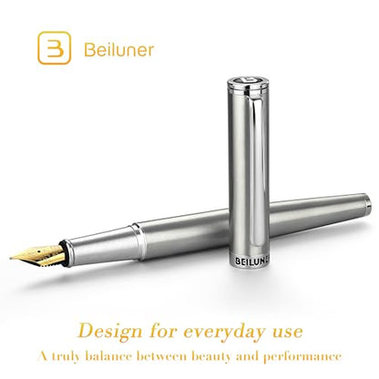 BEILUNER Luxury Fountain Pen Set, Solid 24K Gilded Medium Nib, Silver Stainless Steel Body- Includes 6 Ink Cartridges & Ink Refill Converter with Gift Case - Nice pen for Men and Women - color: Silver, style: Medium Nib