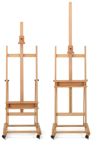 Wooden Studio Easel with Wheels, H Frame, Adjustable Holders for Canvases up to 60"h, Accessories Tray (Beech Wood)