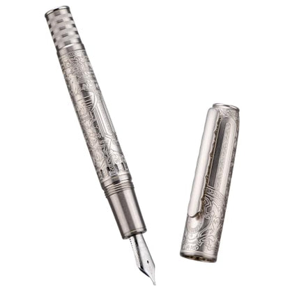 Hongdian 100 Silver Steel Piston Fountain Pen, Iridium Long Blade Fine Nib Calligraphy, Smooth Writing Pens, Nice Writing Pen for Men & Women - color: Silver-100, style: Long Blade Point