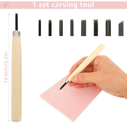 10 Pack Rubber Stamp Making Kit - Block Printing Kit，Linoleum Carving Tools with 8 Type Blades, 8 Pcs Pink Rubber Carving Block and Rubber Brayer Roller
