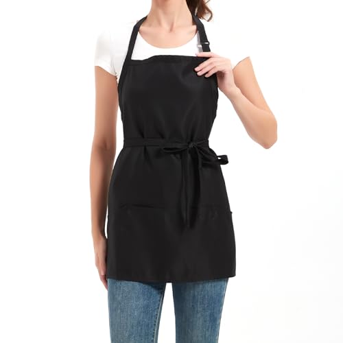Aprons for Women with 3 Pockets, Cooking Apron with Waterproof Coating, Chef Apron Adjustable Neck Strap - color: Black